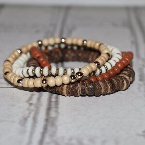 🌿✨ Set of 4 Elastic Wooden Bead Bracelets · Mixed Tones · 7" Long